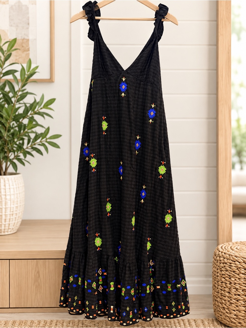 Anthropologie Black Backless Maxi Dress with Blue & Green Embroidery